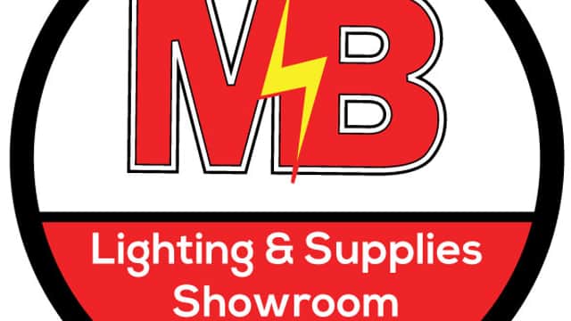 Logo featuring "MB" with a lightning bolt, text reads "Lighting & Supplies Showroom" in red and black circular design.