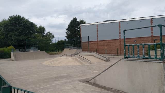 Skate park featuring ramps, rails, and a flat area surrounded by green trees and a low fence.