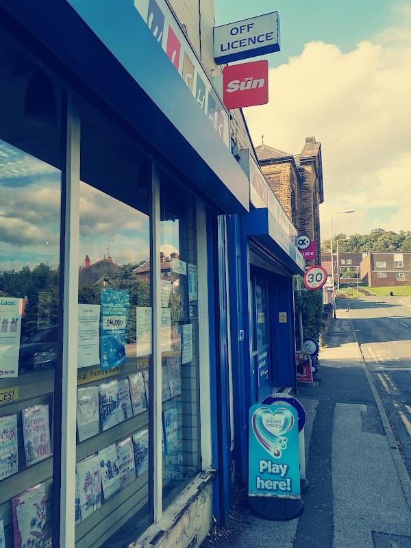 Turners Newsagents storefront with blue signage, displays of newspapers, and a "Play here!" sign outside.
