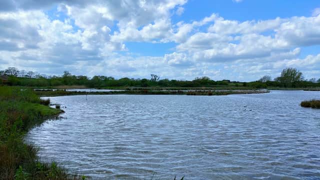 Serene landscape of Filey Dams Nature Reserve with calm waters, lush greenery, and a cloudy sky.