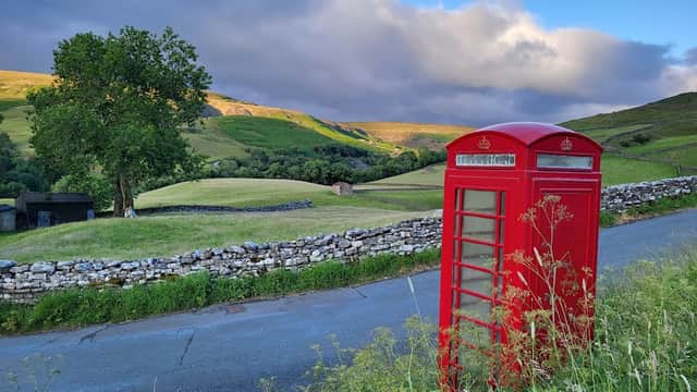 Red telephone box beside a winding road, with green hills and a tree in the background under a cloudy sky.