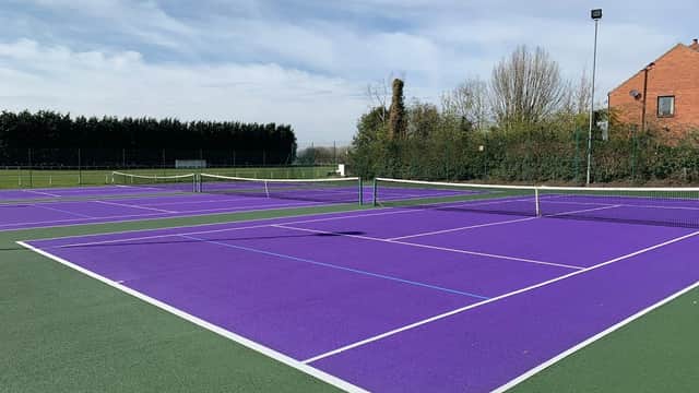 Purple tennis courts with white lines, surrounded by greenery and a brick building in the background.