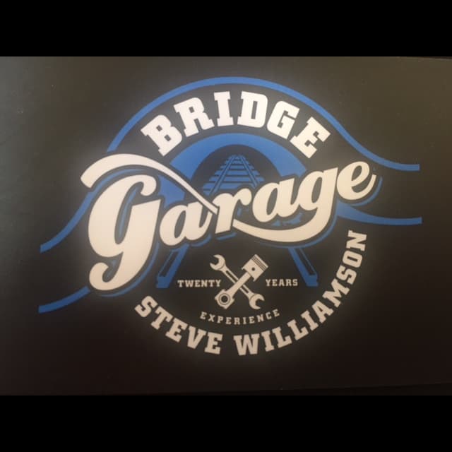 Logo for Bridge Garage featuring the text "Twenty Years Experience" and a wrench icon, with a blue and white design.