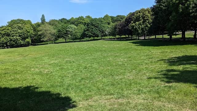 Green grassy field with trees lining the edges under a clear blue sky at Locke Park Car Park in Barnsley, Yorkshire.