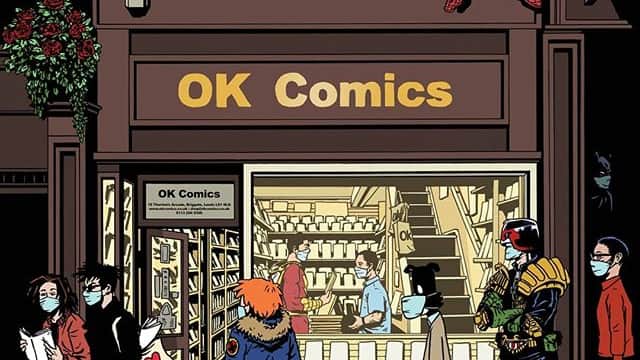 Front of OK Comics bookshop in Leeds, featuring various characters and customers, all wearing masks.