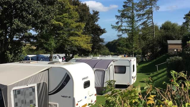 Caravans parked on green grass, surrounded by trees and blue sky at Golden Square Caravan Park in Sproxton.