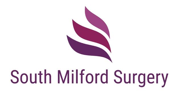 Logo of South Milford Surgery featuring stylized purple leaves above the text in a modern font.