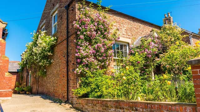 Charming brick building adorned with vibrant flowers and greenery under a clear blue sky in Husthwaite, Yorkshire.