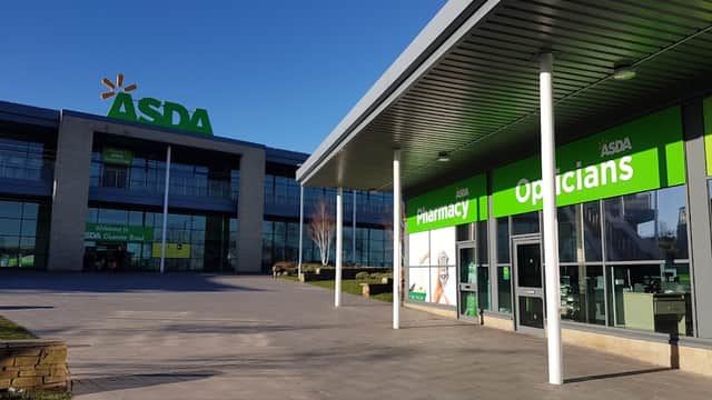 Asda Sheffield Chaucer Road Superstore entrance with bright signage, large windows, and a clear blue sky.
