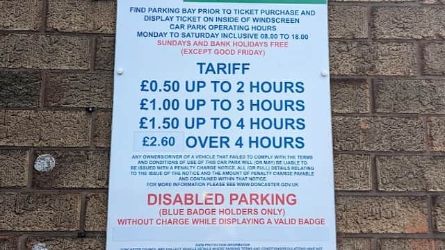 Chappell Drive East Car Park sign detailing Pay & Display rates and parking information in Doncaster, Yorkshire.