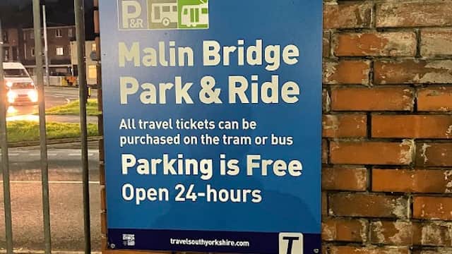 Sign for Malin Bridge Park & Ride, detailing free parking, 24-hour access, and ticket purchasing options.