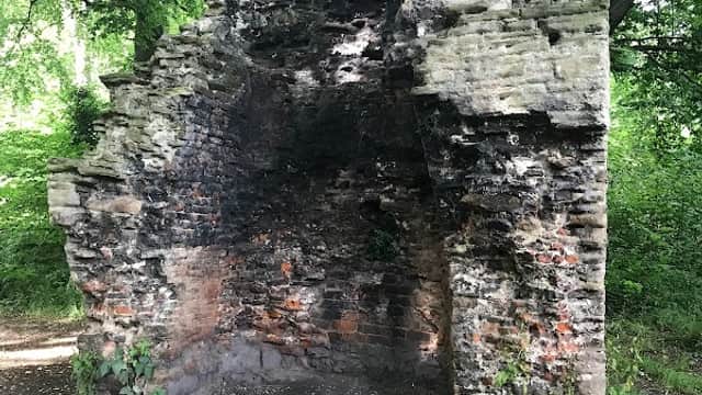 Ruins of Thornhill Hall surrounded by lush greenery, with remnants of stone walls and a few scattered rocks.