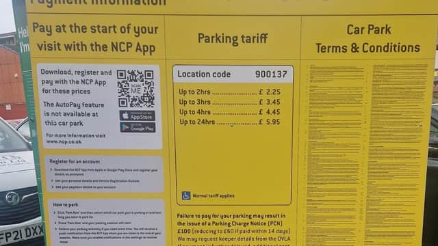 NCP Bowdon Street parking sign with payment info, tariffs, and terms for Sheffield, Yorkshire.