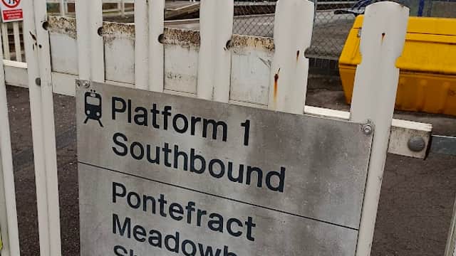 Sign for Platform 1 Southbound at Sherburn-in-Elmet station, listing destinations: Pontefract, Meadowhall, Sheffield, Selby, Hull.