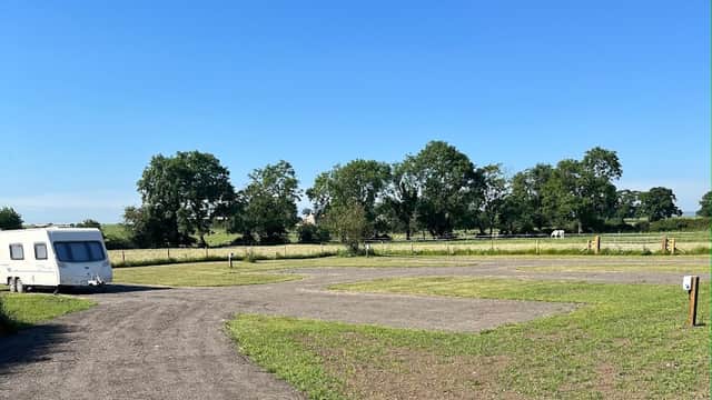 A gravel pathway leads to a grassy area with trees and a clear blue sky at Low Hall Farm, Hunton, Yorkshire.