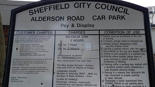 Sign for Alderson Road Car Park detailing parking rules, charges, and conditions in Sheffield, Yorkshire.