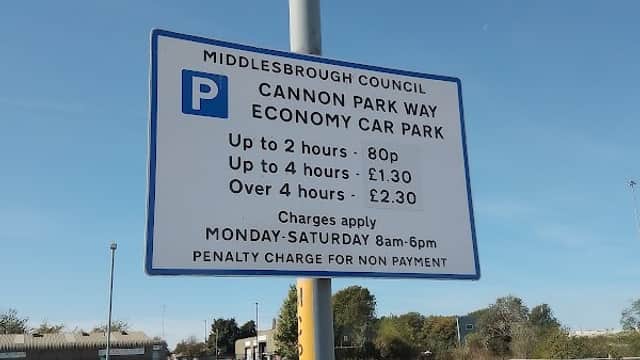 Sign for Cannon Park Way Economy Car Park with parking charges and hours of operation in Middlesbrough, Yorkshire.