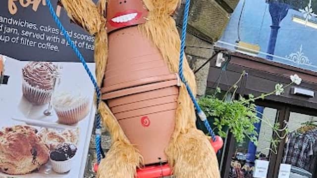 A large, furry orangutan decoration swings on a rope in front of Watershed Mill grocers in Settle, Yorkshire.