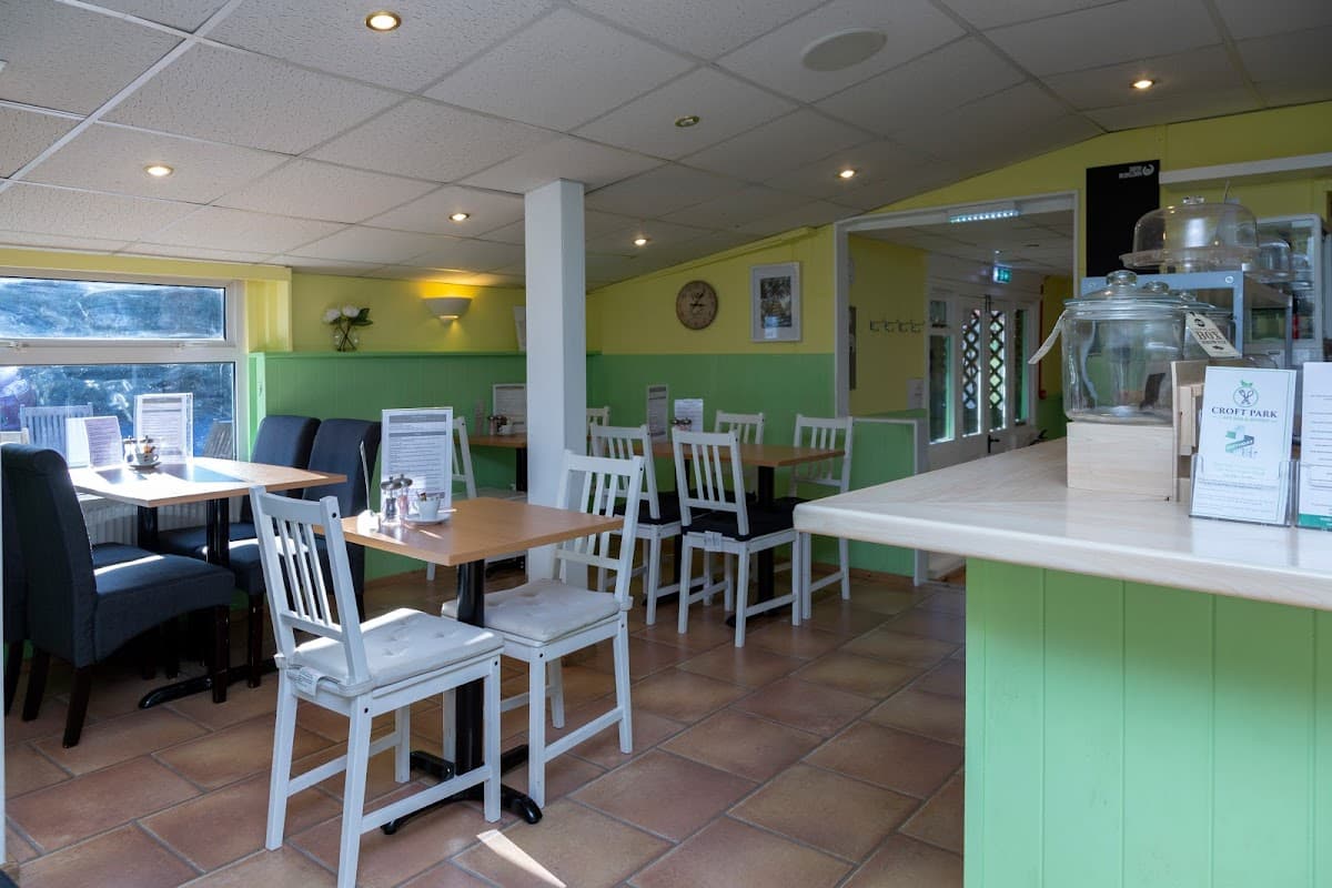 Bright café interior with wooden tables, white chairs, green walls, and large windows letting in natural light.