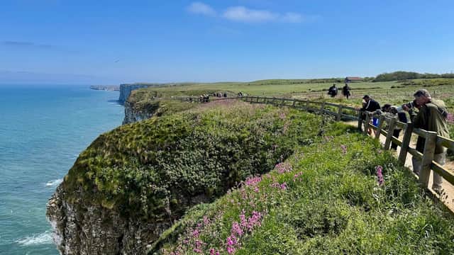 Clifftop view at Jubilee Corner with vibrant flowers, people walking along the path, and the sea in the background.