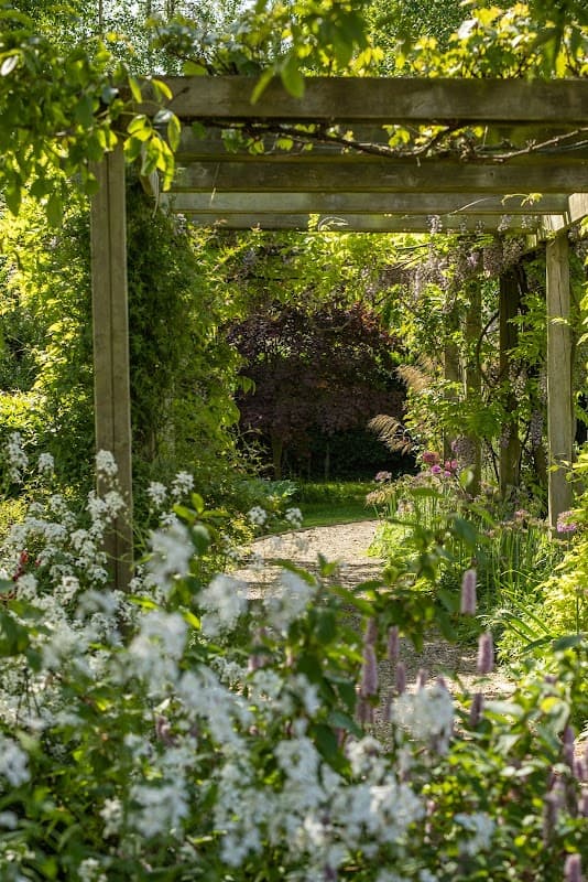 Lush garden path framed by wooden trellis, surrounded by vibrant flowers and greenery in a serene park setting.