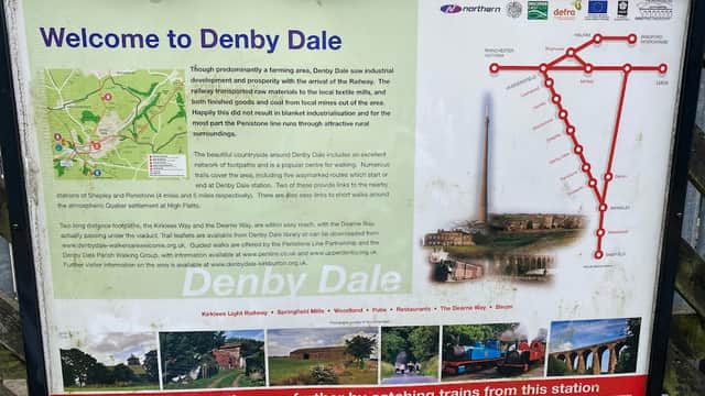 Sign welcoming visitors to Denby Dale, with a map and images of local attractions and a railway line diagram.
