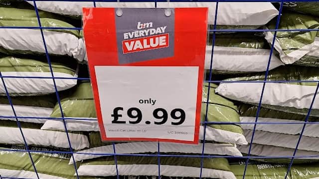 Stacked bags with a price tag reading "only £9.99" at Castleford Retail Park.