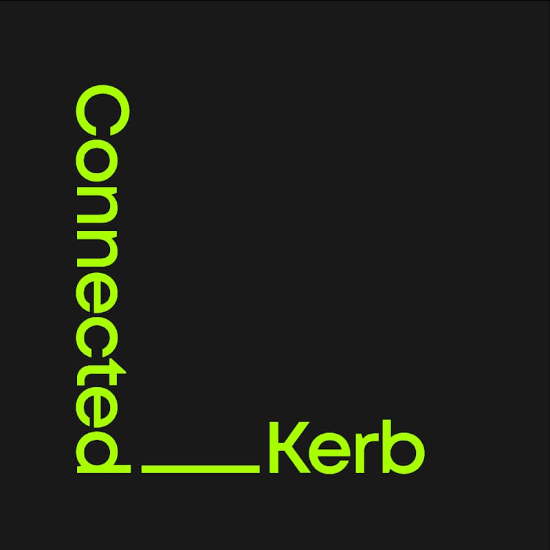 Green text spelling "Connected Kerb" on a black background, emphasizing electric vehicle charging solutions.