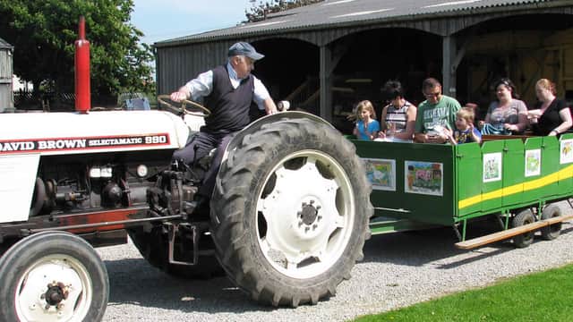Tractor pulling a green wagon with families and children seated, passing rustic wooden barns on a sunny day.