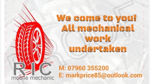 R.I.C. mobile mechanic advertisement with contact info and slogan, featuring a tire graphic and mechanical background.
