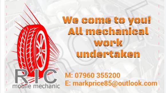 R.I.C. mobile mechanic advertisement with contact info and slogan, featuring a tire graphic and mechanical background.