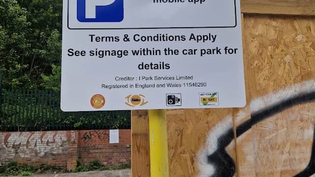 Pay & Display sign at Manners Street car park, Neepsend, detailing payment method and terms.