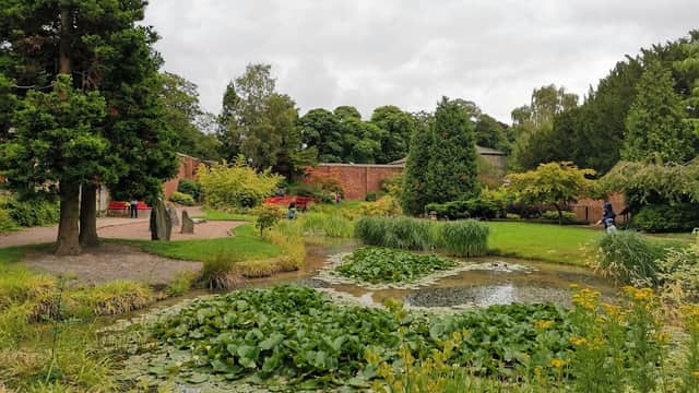 Lush greenery surrounds a tranquil pond with lily pads, set against a cloudy sky in Horsforth Japanese Gardens.