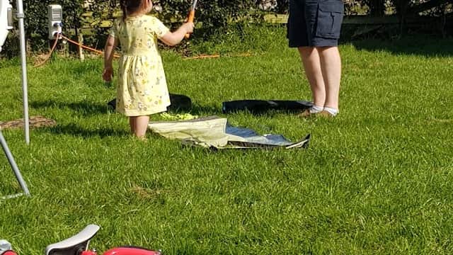 A man and a child play with bubbles in a grassy area, with a tricycle nearby and hedges in the background.