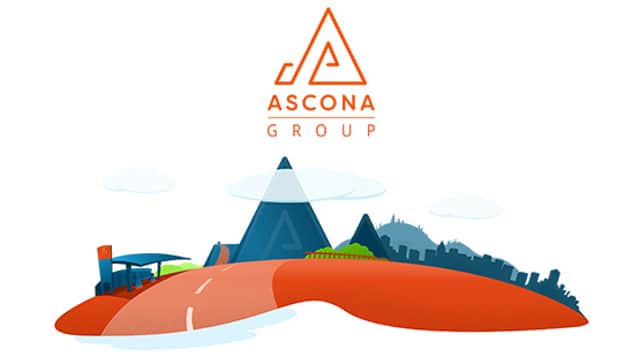 Ascona Deepcar Service Station & Greggs with a modern logo and stylized landscape in vibrant colors.