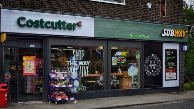 Costcutter and Subway storefronts on Skipton Road, featuring open signs and colorful displays of products.