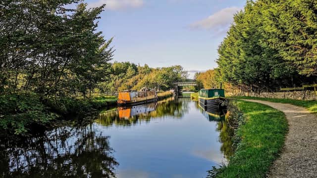 Calm canal scene with moored boats, lush greenery, and a path along the water under a clear blue sky.