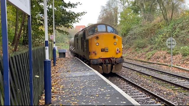 A yellow train at a station surrounded by trees and autumn leaves in Hornbeam Park, Harrogate.