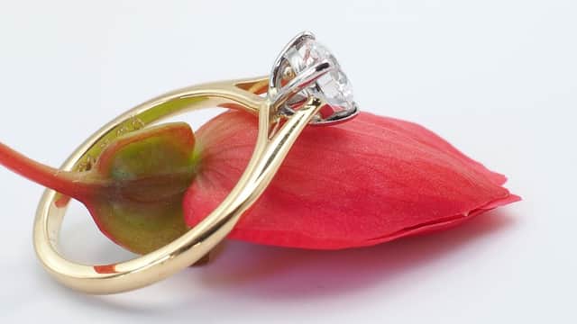 A gold engagement ring with a diamond sits atop a vibrant red flower petal.