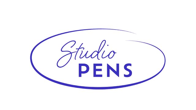 Logo featuring "Studio PENS" in a stylized font within an oval shape, colored in blue and white.