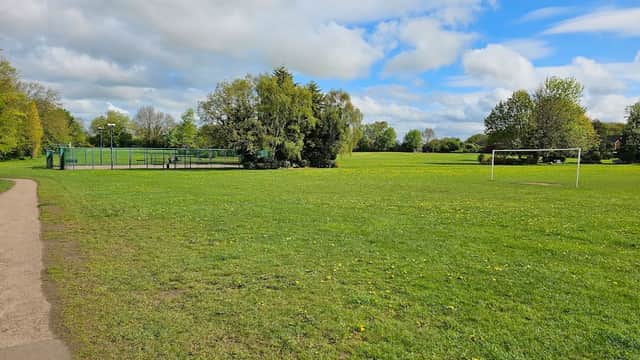 Spacious green park with a football goal, playground area, and scattered trees under a partly cloudy sky.