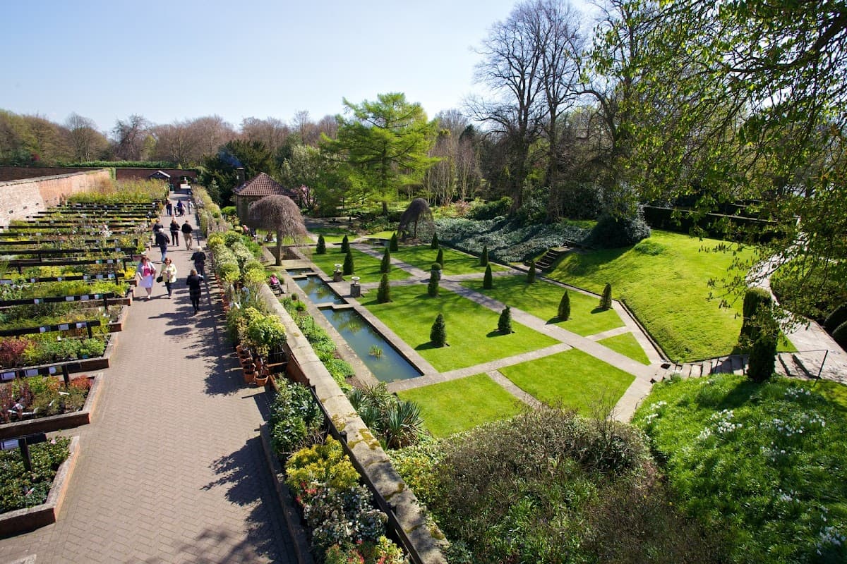 Lush garden with manicured lawns, pathways, and a pond, surrounded by visitors enjoying the sunny day at Wentworth Garden Centre.