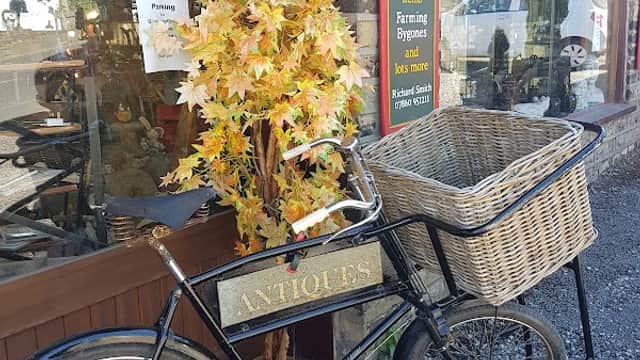 Antique shop entrance featuring a vintage bicycle, a wicker basket, and a decorative plant with colorful leaves.