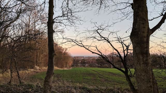 Sunset view over a green field framed by trees, with distant buildings and a calm sky in Bessingby, Yorkshire.