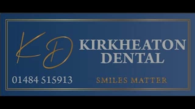 Sign for Kirkheaton Dental Surgery, featuring a blue background, gold lettering, and contact number. "Smiles Matter" slogan.