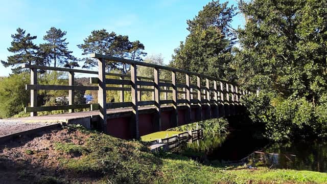 Wooden footbridge over a stream, surrounded by trees and grassy areas under a clear blue sky.