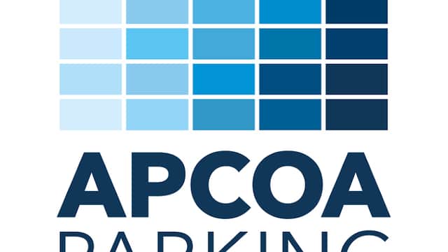 APCOA Parking logo with a grid pattern in shades of blue, featuring the text "APCOA PARKING" prominently below.