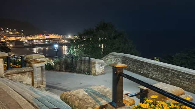 Night view of Scarborough coastline with flowers, benches, and distant lights reflecting on the water.