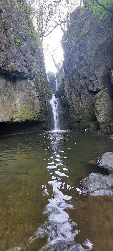 Waterfall cascading into a clear pool, surrounded by rugged stone cliffs and lush greenery in Langcliffe, Yorkshire.