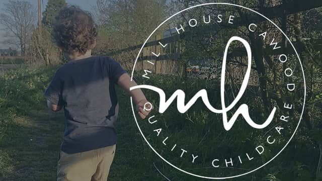 Child running along a path with greenery, featuring the Mill House Childcare logo in the foreground.